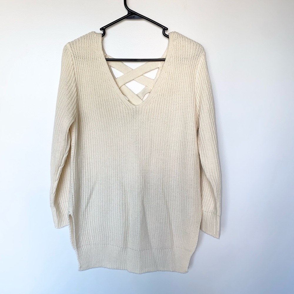 Oversized V Neck Crisscross Back Knit Sweater